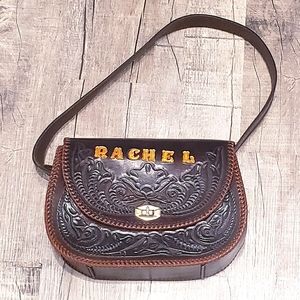 Vintage Handmade leather shoulder bag with Stamped lettering Rachel